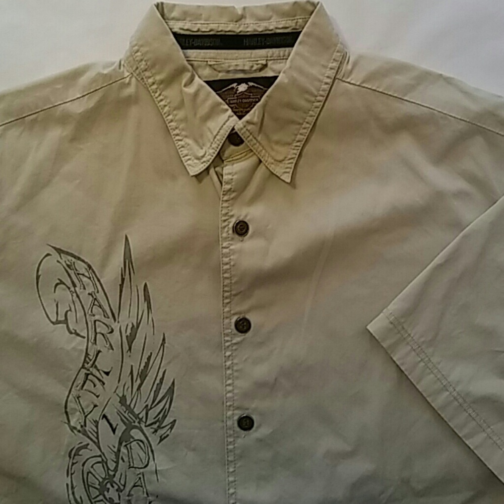 Harley Davidson Men L Tan Embroidered Button Shirt